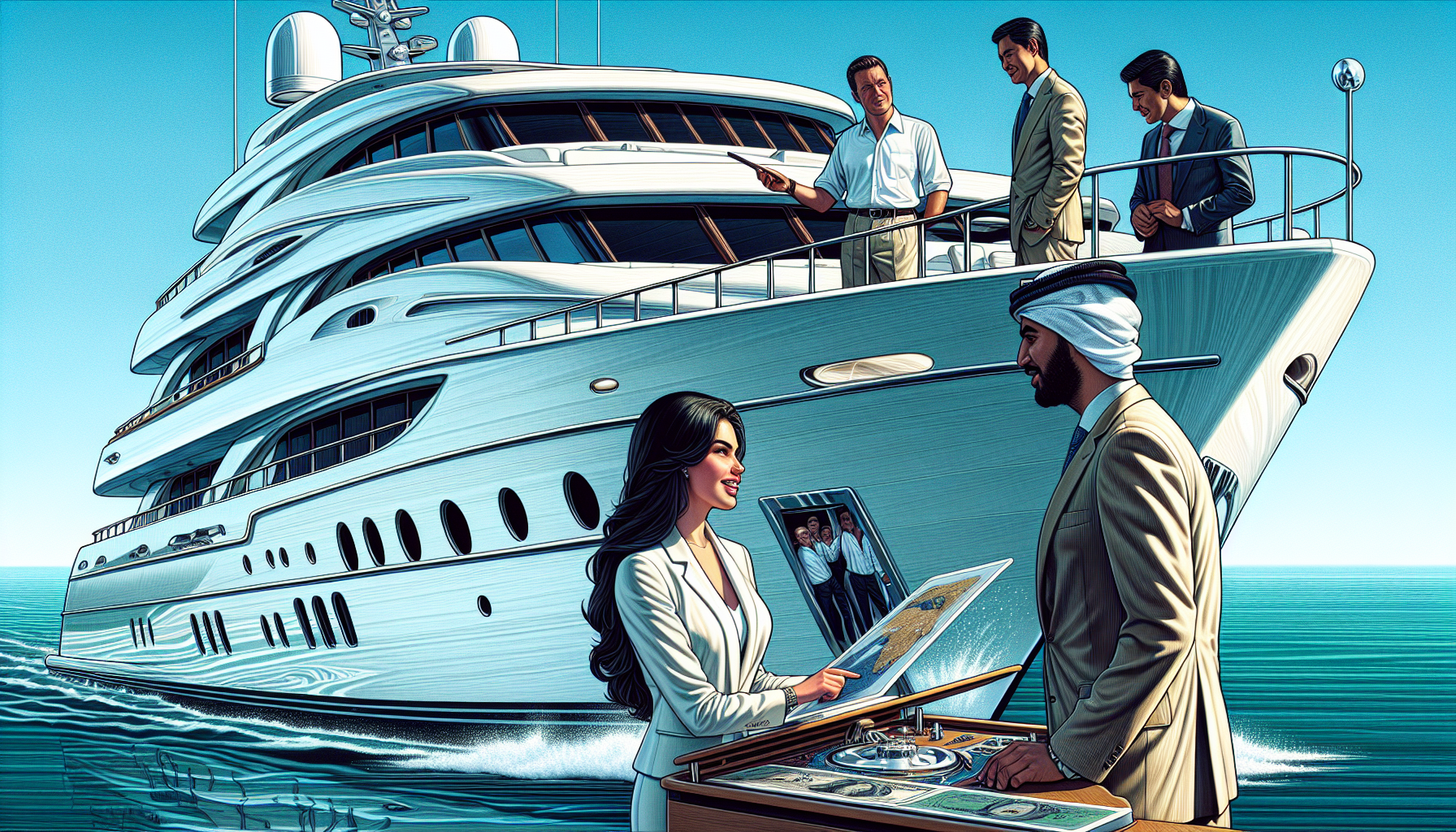 Illustration of a luxury yacht with a knowledgeable yacht broker