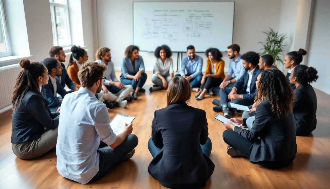 In a leadership development training session, participants are actively engaged in collaborative exercises that foster teamwork and enhance their leadership skills. The atmosphere is dynamic, with individuals sharing new ideas and strategies to develop strong leaders within the organization.