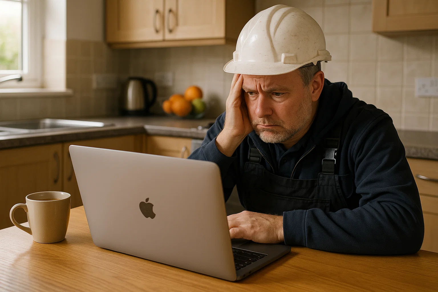Tradesman frustrated with Checkatrade leads on laptop.
