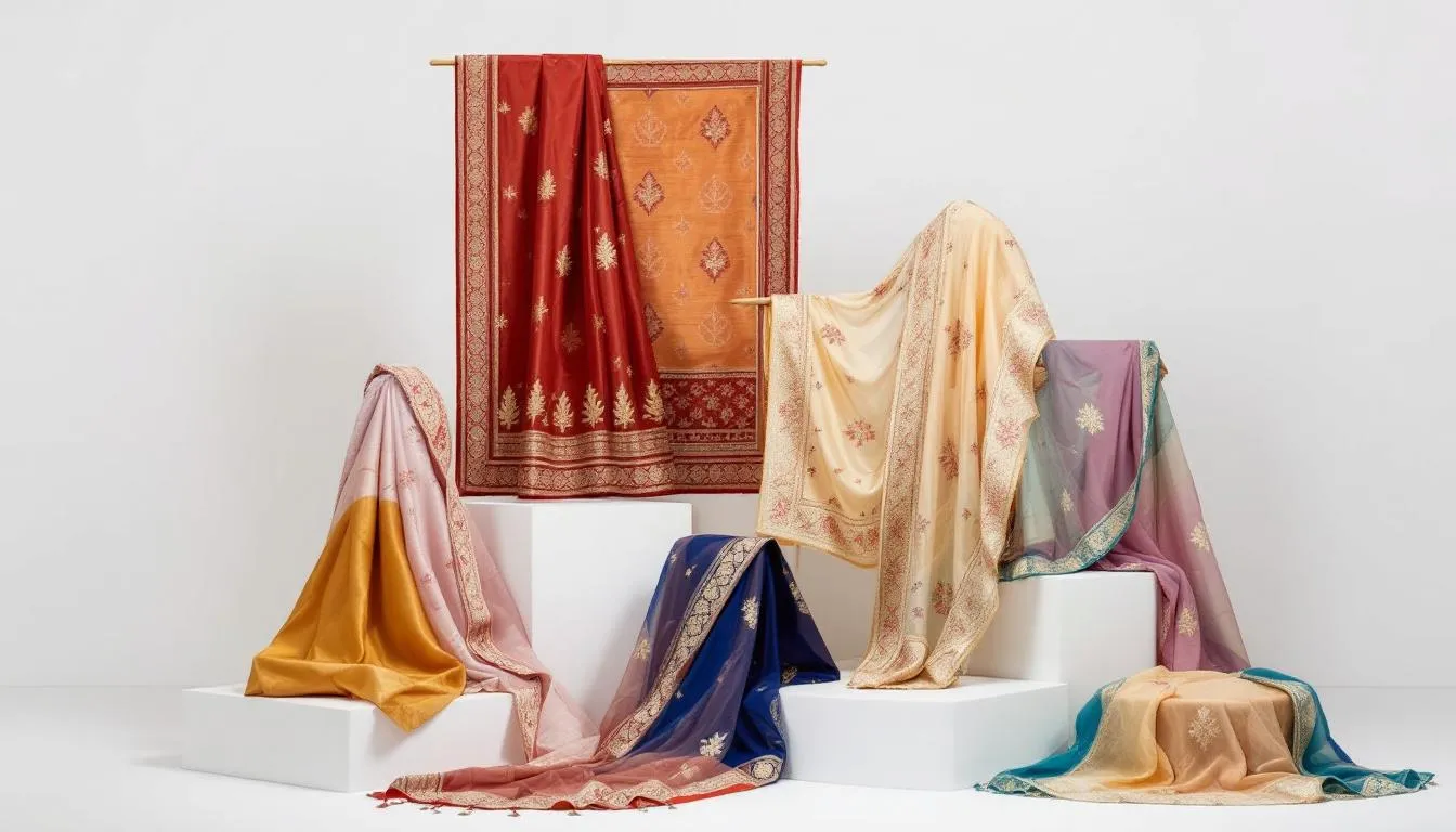 An elegant display showcases a variety of Indian wedding sarees made from luxurious silk, delicate georgette, and airy organza fabrics, featuring intricate embroidery and vibrant colors. This collection highlights the timeless elegance and rich cultural heritage of bridal attire, perfect for modern brides and wedding festivities.