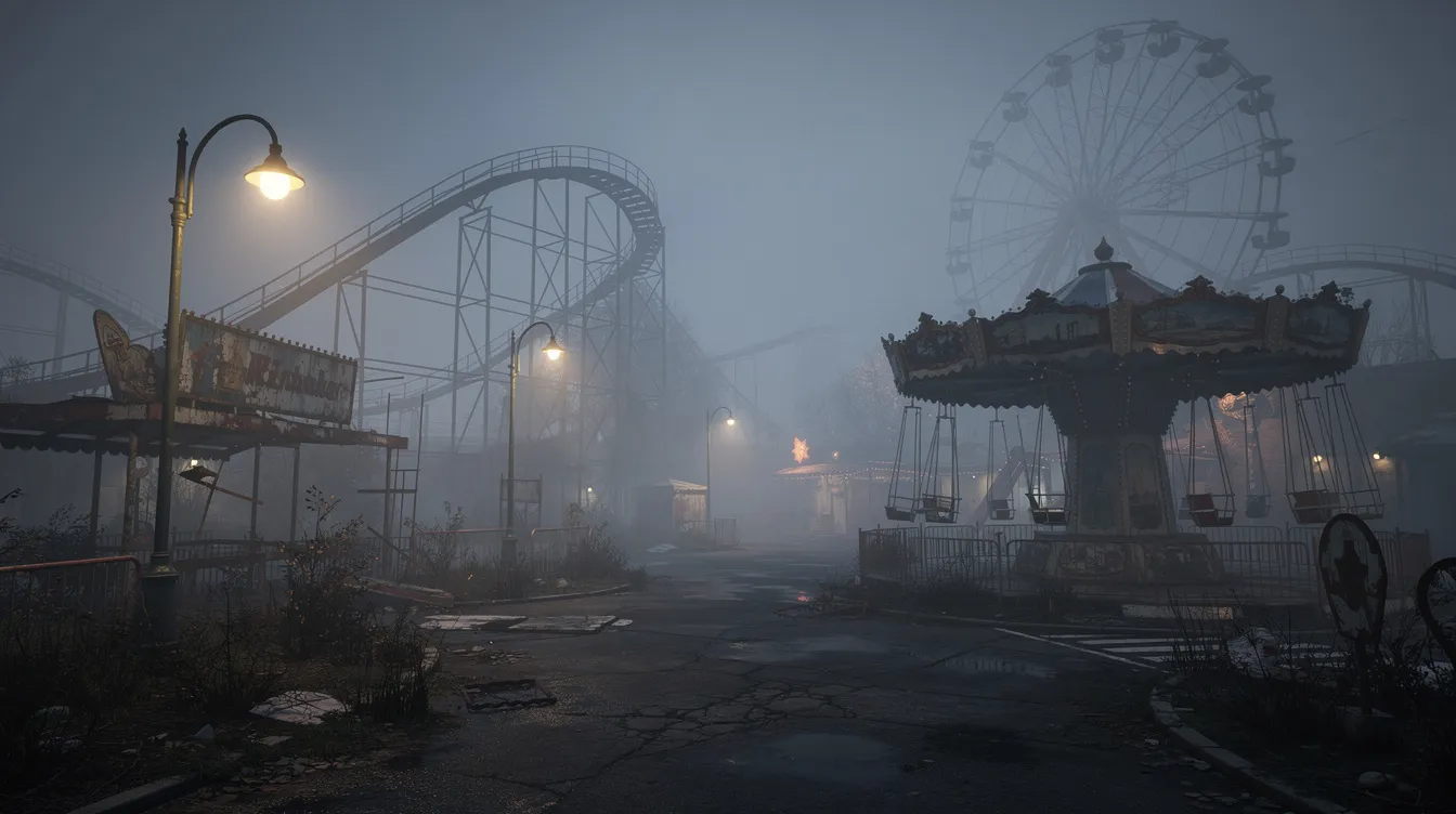 The image depicts a dark, abandoned amusement park at night, shrouded in thick fog that weaves through the eerie, empty ride structures, creating a terrifying atmosphere reminiscent of the best indie horror games. This surreal setting evokes feelings of fear and mystery, perfect for fans of psychological horror and slow burn experiences.