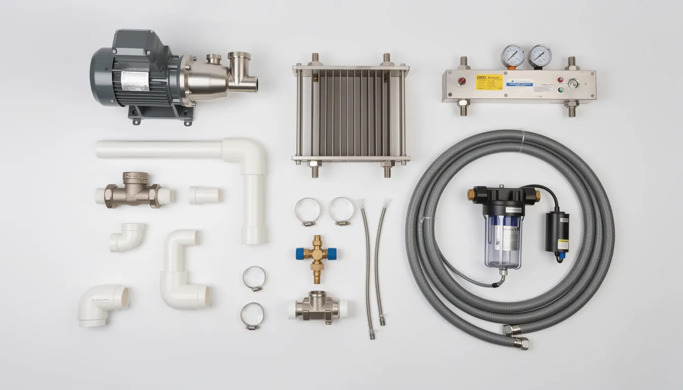 The image shows water circulation equipment and plumbing components designed for a cold plunge system, featuring a pump, various filters, and hoses that ensure the cold plunge water remains crystal clear and clean. This setup is essential for maintaining water quality and flow rate, making it ideal for ice baths and enhancing overall health benefits.