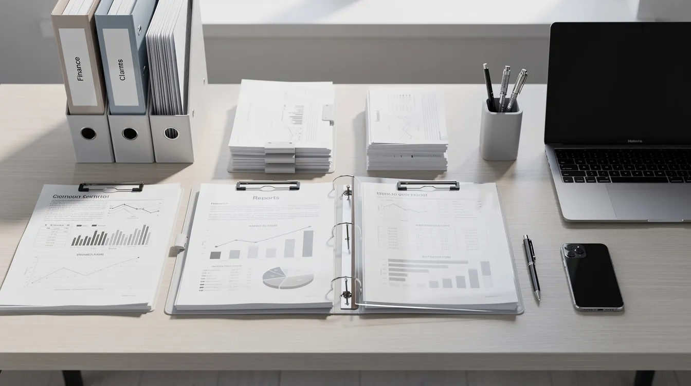 3bb79d29 8245 4c28 a52b b89ba4ca48b7 The image shows a neatly organized office desk filled with business documents and files, which may include loan applications and business plans for micro enterprises. This setup reflects the meticulous preparation often required by entrepreneurs seeking financial assistance from banks or financial institutions, particularly for mudra loans or small finance banks.