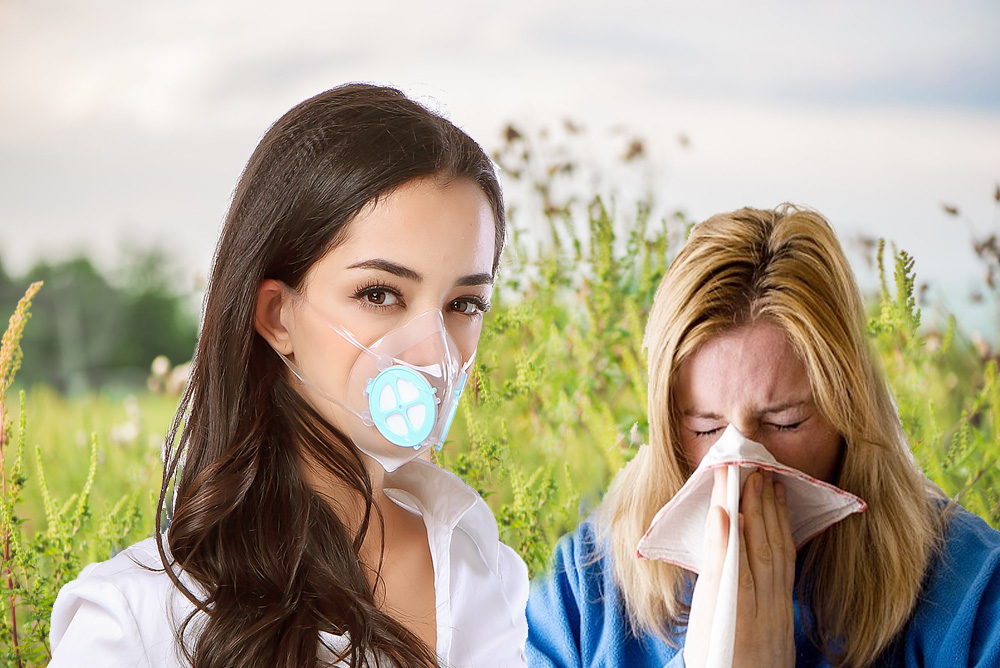 two women, tree pollen, blow, seasonal allergies, mask, outdoor, allergy symptoms