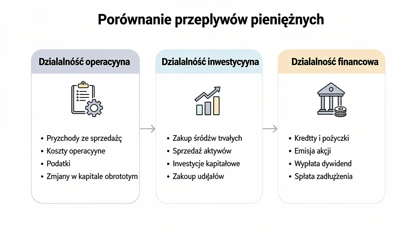 Infografika przedstawia porównanie działalności operacyjnej, inwestycyjnej i finansowej, ilustrując przepływy środków pieniężnych oraz różne aspekty rachunku przepływów pieniężnych. Zawiera dane dotyczące nabycia i zbycia aktywów finansowych oraz wartości niematerialnych, a także spłat kredytów i pożyczek długoterminowych.
