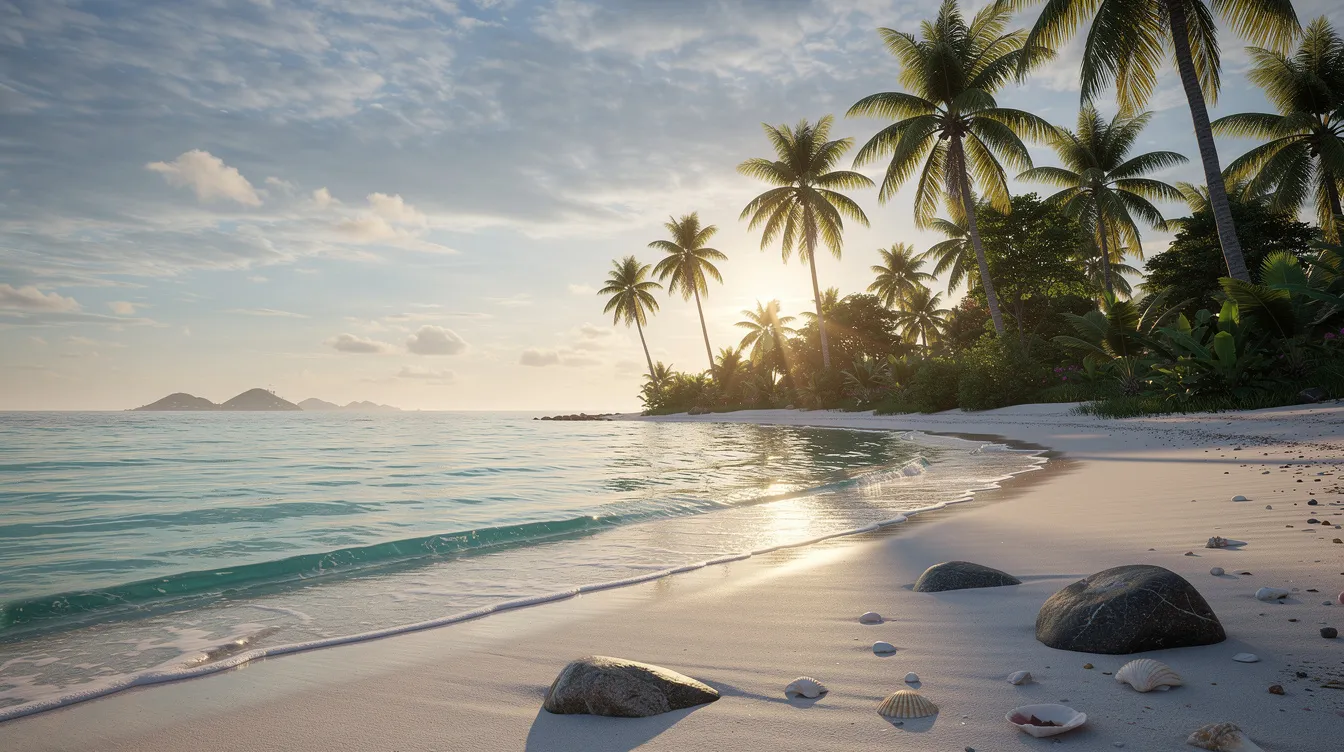 A picturesque tropical beach features turquoise waters gently lapping at the shore, with palm trees swaying in a soft breeze, inviting beach enthusiasts to visit Thailand's stunning coastlines. This idyllic scene captures the essence of Thailand's beaches, perfect for sun-kissed holidays year-round.