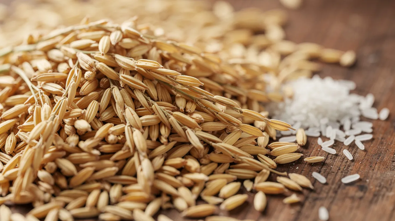 A close-up view of golden paddy grains spread across a wooden surface, accompanied by a few scattered rice flakes, highlights the raw materials essential for producing high-quality poha in the manufacturing process. This image captures the essence of the poha industry, showcasing the primary ingredients used in the production of this nutritious breakfast staple.