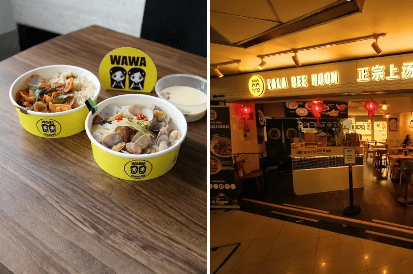 A side-by-side photo displaying two yellow takeaway bowls filled with clam noodle soup from WAWA Seafood on the left, and the glowing, inviting storefront of the WAWA Lala Bee Hoon eatery inside the mall on the right.