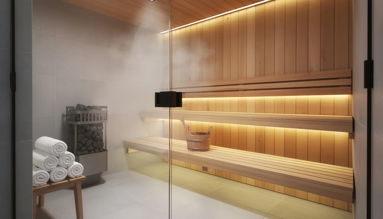 The image depicts a modern sauna room featuring clean cedar wood benches, warm ambient lighting, and neatly organized towels, creating a serene atmosphere for a relaxing sauna session. The interior showcases the natural beauty of cedar wood surfaces, emphasizing the importance of sauna maintenance and proper ventilation for an enjoyable sauna experience.