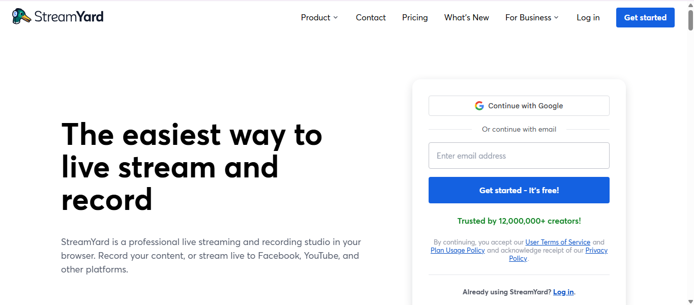 StreamYard homepage screenshot with headline “The easiest way to live stream and record” and sign-up form.
