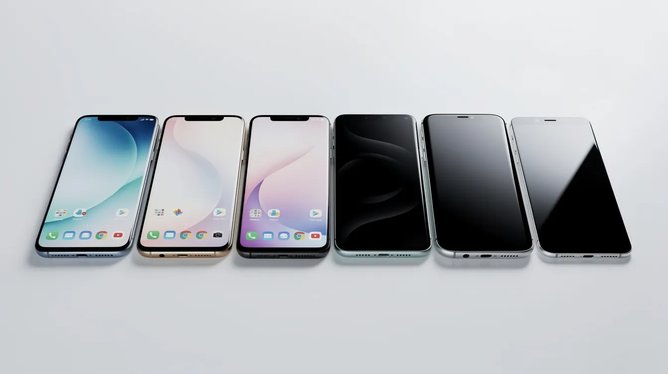 A row of modern smartphones from various brands is displayed side by side on a clean white surface, showcasing their sleek designs and features. These devices are equipped with mobile connectivity options, including physical sim cards and esim technology, catering to different user needs for mobile data and plans.