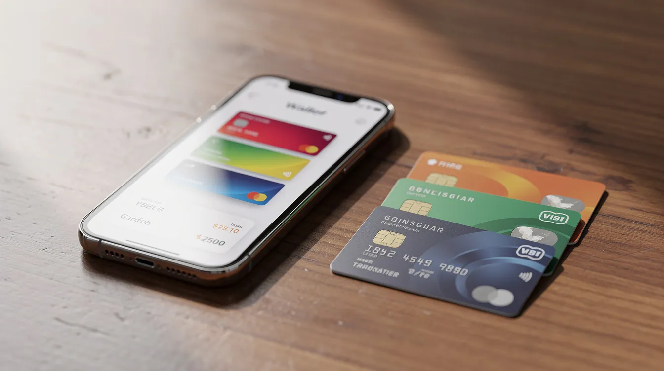 The image shows a smartphone with a digital wallet interface prominently displayed, alongside several physical credit cards, all resting on a wooden surface. This setup highlights modern payment methods often used in online casinos in Europe, where digital wallets are becoming increasingly popular for transactions.