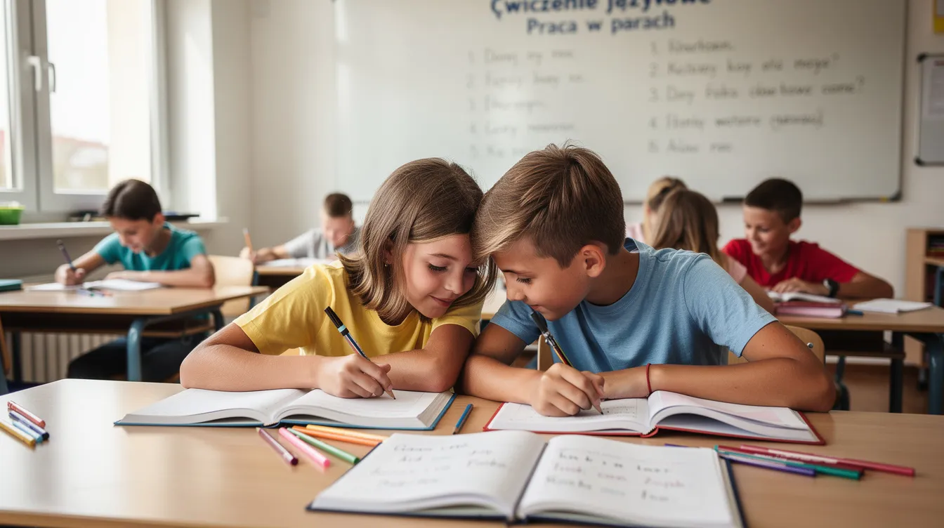 Uczniowie klasy 7 pracują w parach nad ćwiczeniem językowym, korzystając z otwartych podręcznik&oacute;w do języka polskiego i angielskiego. W tle widać r&oacute;żne arkusze z zadaniami związanymi z pisownią i opisem temat&oacute;w.
