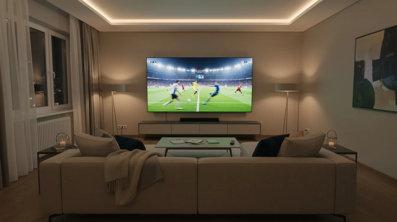 The image depicts a modern living room featuring a large flat screen TV showcasing a vibrant sports broadcast. The comfortable couch and ambient lighting create a cozy atmosphere, ideal for enjoying live TV channels and premium streaming quality with an IPTV subscription.