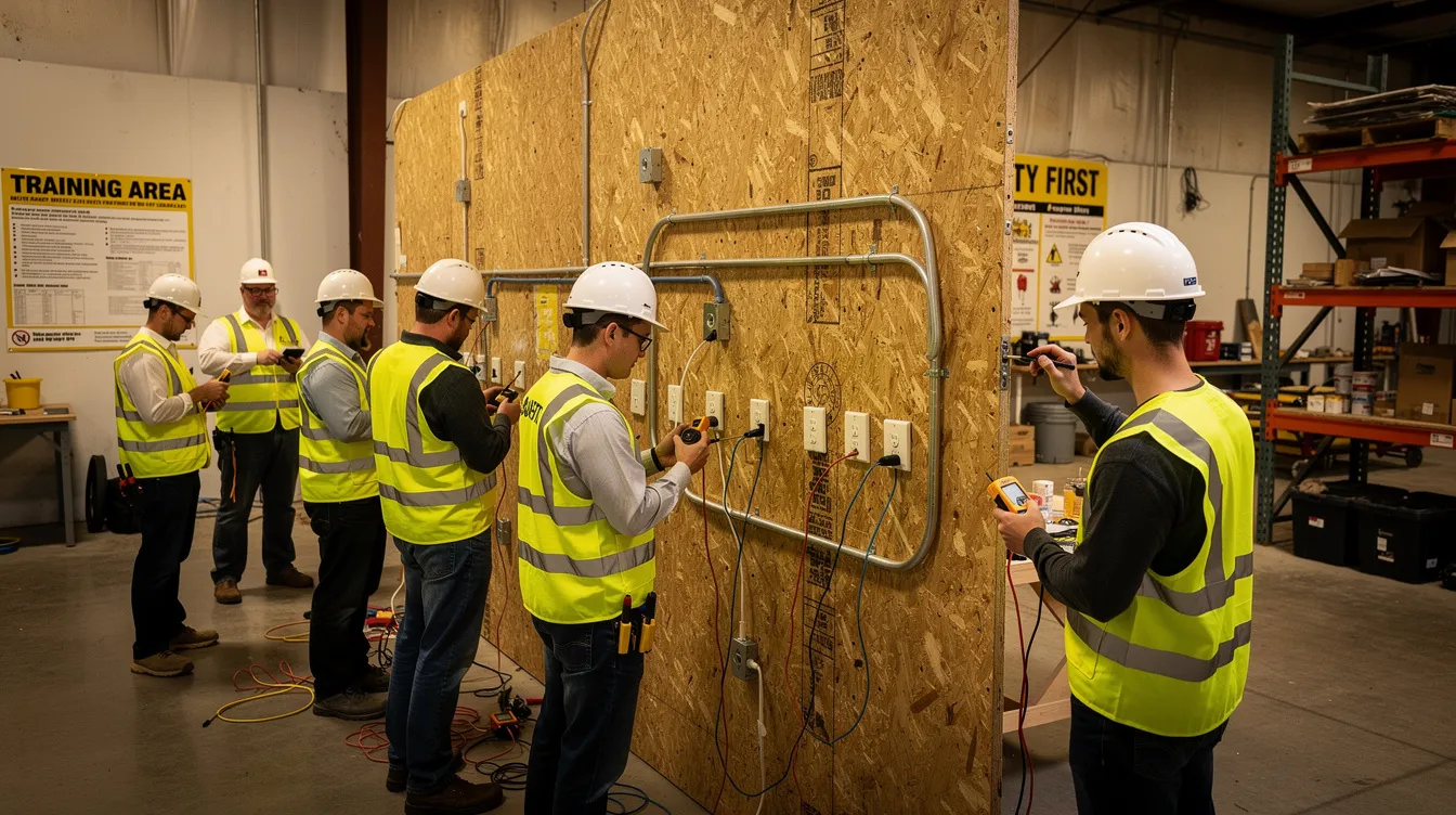 The image shows construction apprentices wearing hard hats and safety vests as they practice electrical installation on a training wall, highlighting the hands-on training crucial for future projects in the construction industry. This training is essential for developing skills that contribute to the effective management of construction backlog and delivering quality projects.