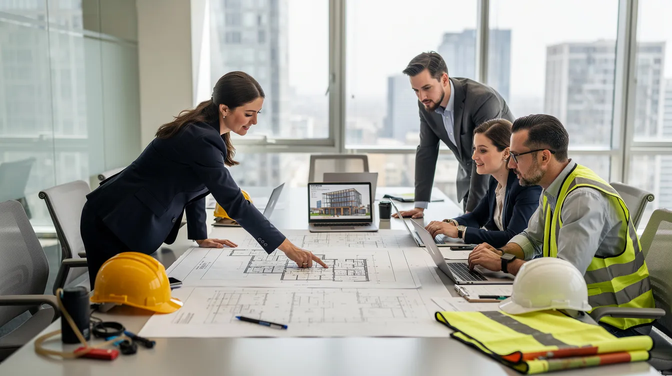 A team of construction professionals is gathered around a conference table, reviewing project documents and discussing the estimating process for their current project. They are utilizing advanced construction estimating software to ensure accurate cost estimates and streamline their workflows, enhancing collaboration and decision-making for complex projects.