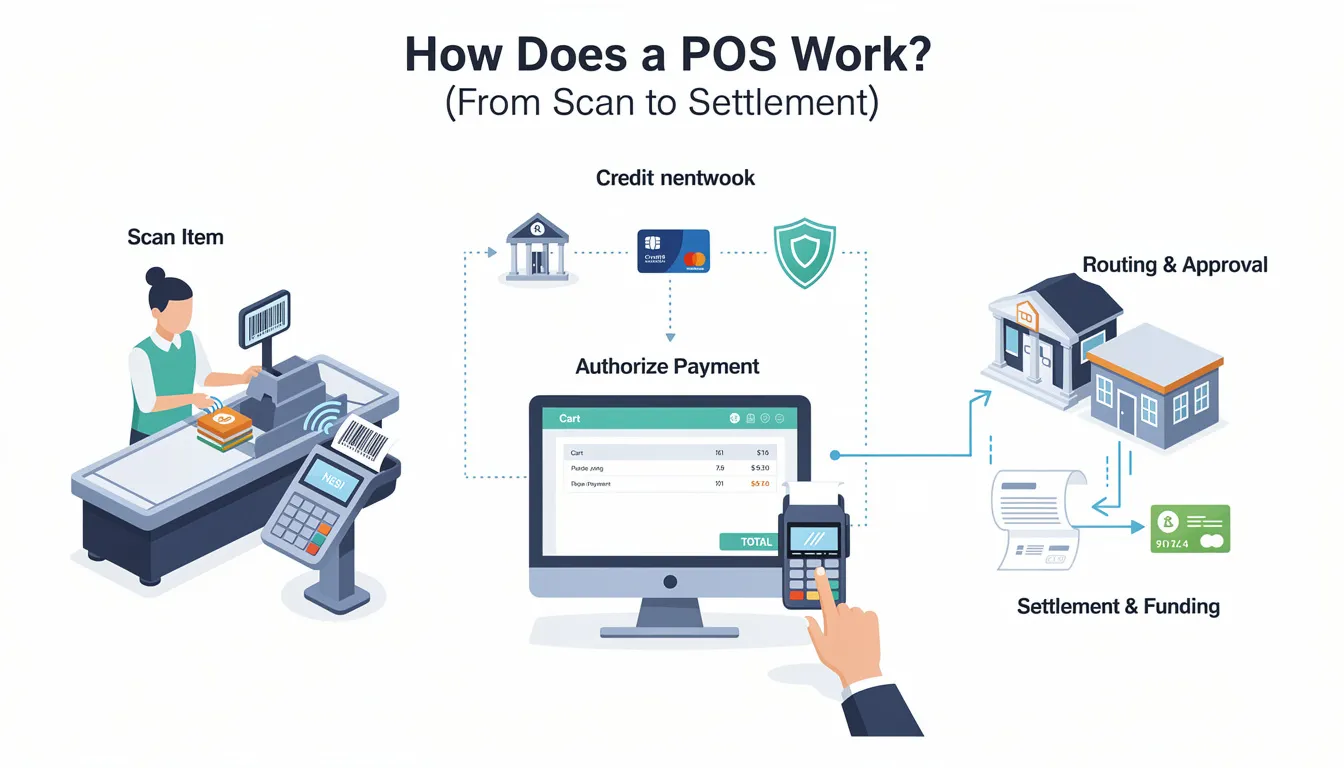 The image illustrates the workflow of a modern POS system, showcasing key components such as a barcode scanner, cash register, and receipt printer, all working together to process payments and manage sales transactions efficiently. It highlights how these point of sale solutions streamline business operations, track inventory, and enhance the customer experience through various payment methods, including contactless payments.