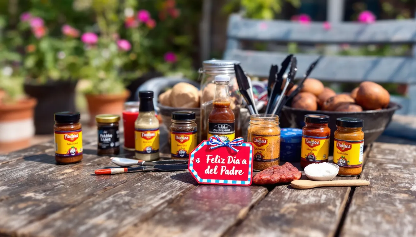 A budget-friendly BBQ gift set is displayed on a picnic table, featuring mini sauces, spice rubs, and tongs, all adorned with a cheerful ‘Happy Father’s Day’ tag, set against a sunny backyard backdrop. This thoughtful gift idea is perfect for celebrating Father's Day and creating lasting memories with dad.