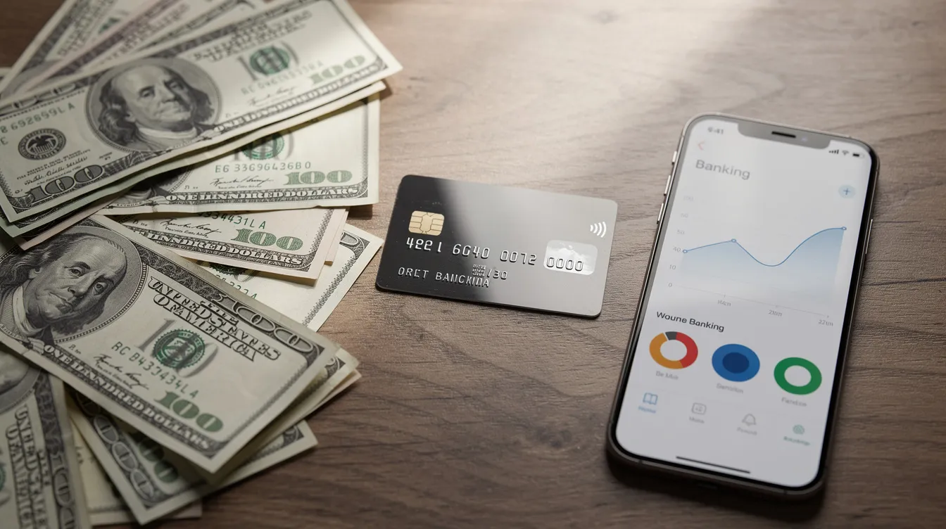 The image shows a collection of US dollar bills, a credit card, and a smartphone placed on a table, symbolizing various payment methods for travelers. This setup highlights the importance of having valid financial resources for business or tourism purposes when navigating entry requirements to the USA.
