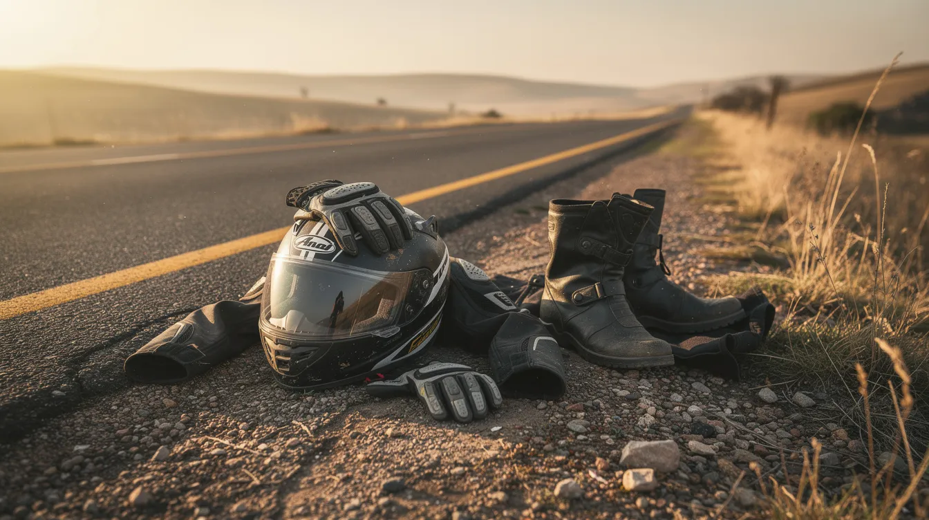 The image shows a motorcycle helmet and riding gear placed on the roadside, highlighting the importance of safety for motorcycle riders. This scene serves as a reminder of the serious risks associated with motorcycle accidents and the potential for common motorcycle accident injuries.