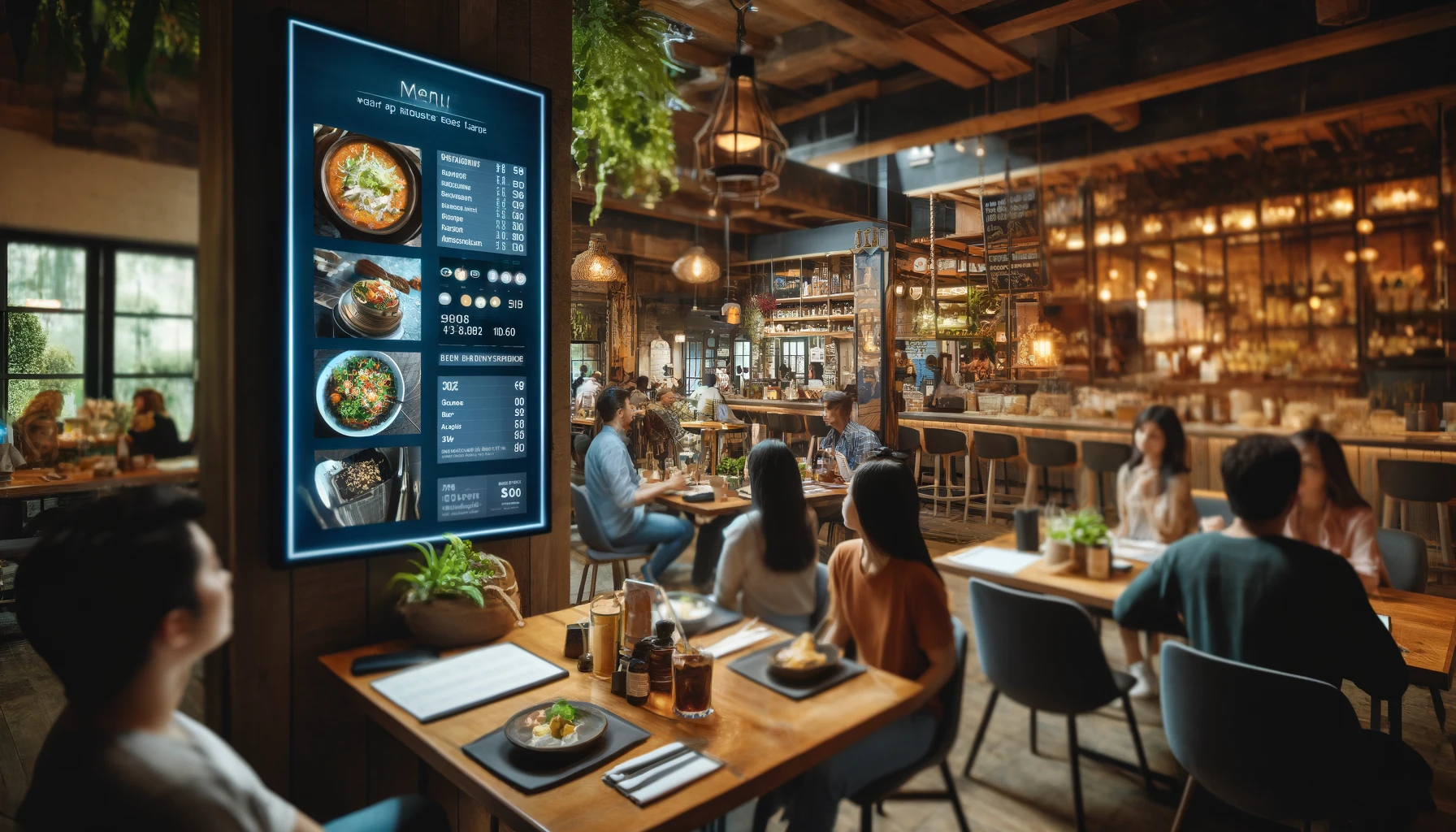  image of a restaurant interior featuring digital signage displaying the menu