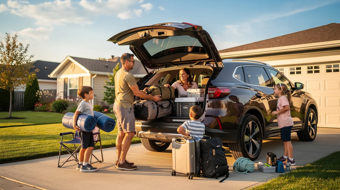 A family is happily loading their luggage and camping gear into an SUV parked in a sunny driveway, preparing for a summer road trip. As they pack, it's a good time to review their auto insurance policy and confirm coverage limits, ensuring they're road trip ready with the right insurance checklist for a safe journey.