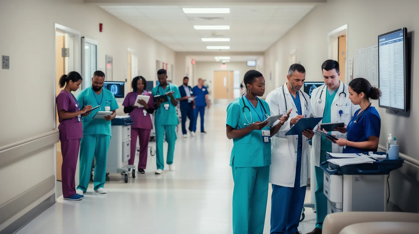 3bc7e91a debb 4dd6 b5d4 18daad95918c A group of medical professionals in scrubs is gathered in a hospital corridor, intently reviewing documents and charts related to patient care and cancer treatment. Their collaboration highlights the importance of teamwork in improving patient outcomes and navigating the complexities of oncology services.