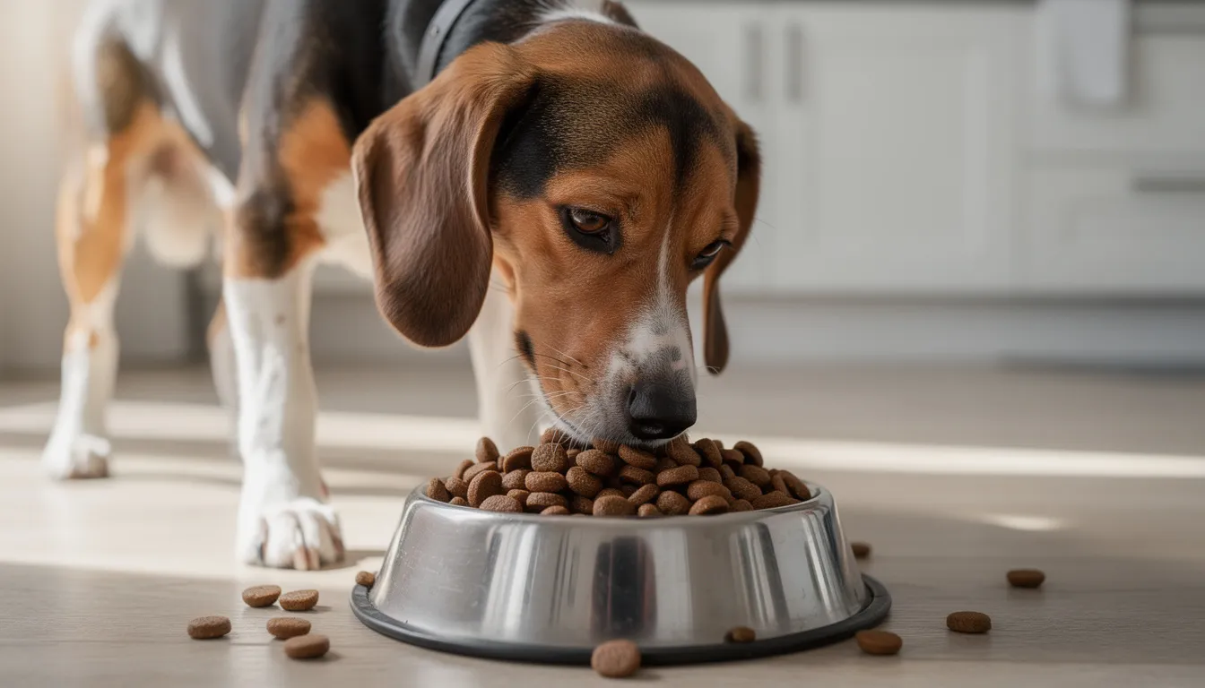 A Drever dog, a small-sized Swedish breed known for its hunting abilities, is happily eating high-quality kibble from a dog bowl. This loyal and agile companion, with its short legs and well-developed muscles, showcases the breed's characteristic features while enjoying its meal.