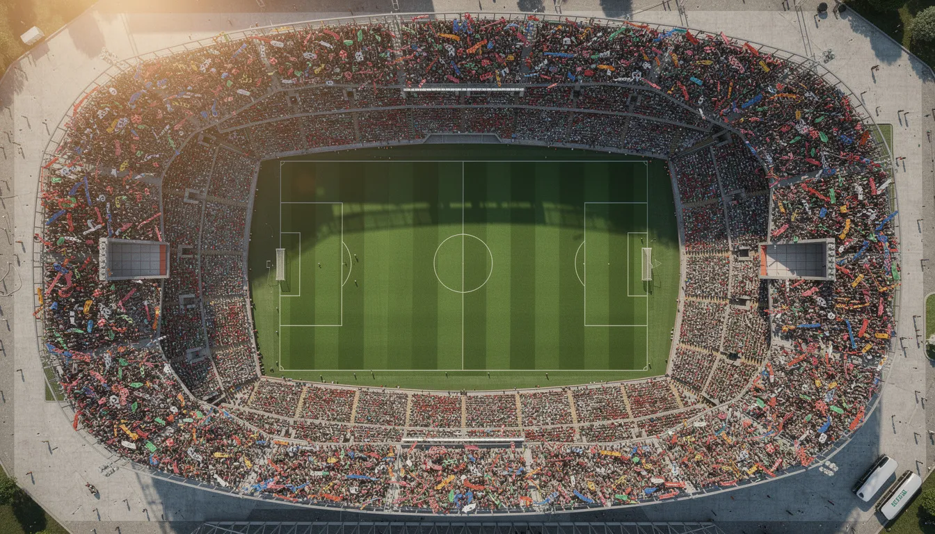 En fotbollsstadion sedd uppifrån visar fullsatta läktare med entusiastiska supportrar som hejar på sina lag. Atmosfären är elektrisk och ger en känsla av spänning, liknande den som upplevs hos Onerush casino när man spelar live casino.