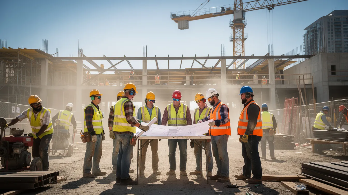The image depicts construction workers wearing hard hats and safety gear on a job site, actively engaged in their tasks. This scene highlights the importance of safety in construction to prevent personal injury claims and ensure workers are protected from potential accidents and severe injuries.