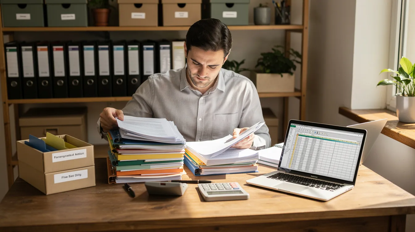 3bccc277 9b18 4454 9932 dd0b15d297ac A small business owner is diligently organizing documents and files at a desk, equipped with a calculator and laptop, reflecting the meticulous nature required for managing financial assistance, such as mudra loans, and ensuring a satisfactory credit track record for their micro enterprise. The scene highlights the importance of documentation and preparation in the journey toward successful loan approval and growth development.