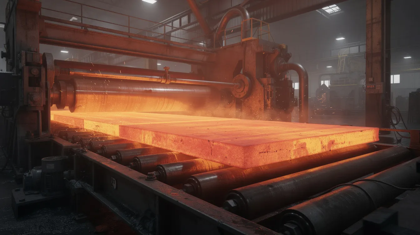 The image depicts glowing orange steel slabs moving through large industrial rolling mill machinery, showcasing the hot rolled steel process. The intense heat and movement indicate the transformation of raw steel into precise shapes, ready for further processing in various applications.