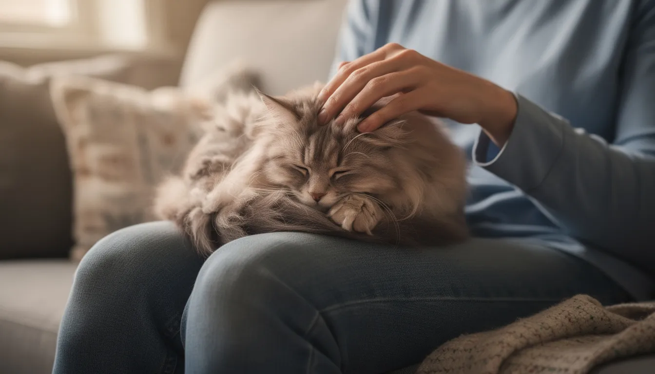 A fluffy kitten is curled contentedly on a person's lap, enjoying gentle pets that elicit soft purring noises, a form of communication that expresses its happiness and contentment. The kitten's wide eyes reflect trust and relaxation, showcasing the bond between the feline friend and its human companion.