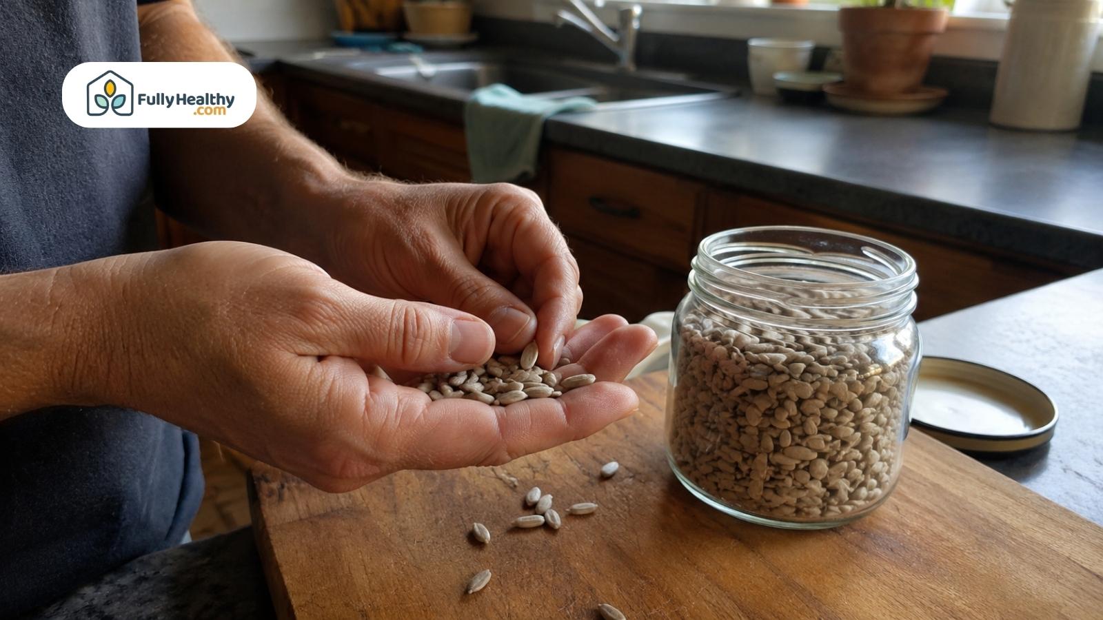 Hands holding sunflower seeds beside a glass jar on kitchen counter