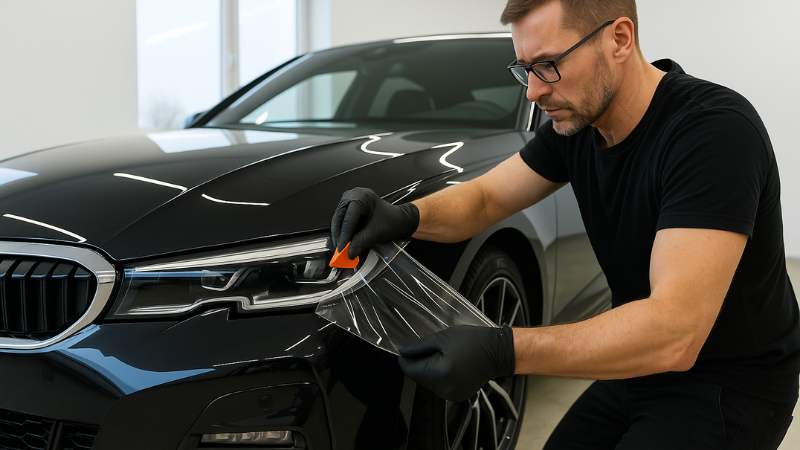 A professional installer installing PPF