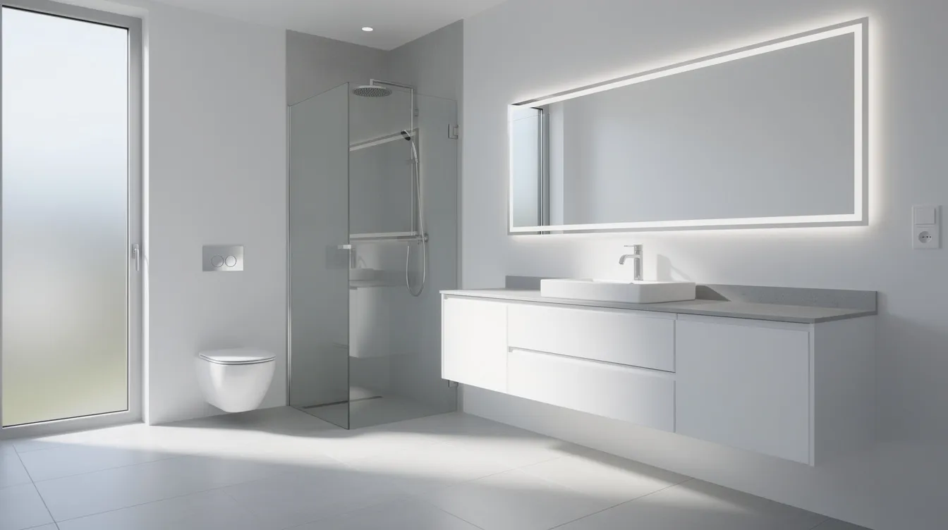 Imagen de un cuarto de baño moderno y luminoso, con muebles suspendidos de color blanco y un espejo que cuenta con iluminación LED, ideal para mejorar la ventilación en baños sin ventana y evitar problemas de humedad y moho. El espacio está diseñado para brindar un ambiente agradable y funcional.