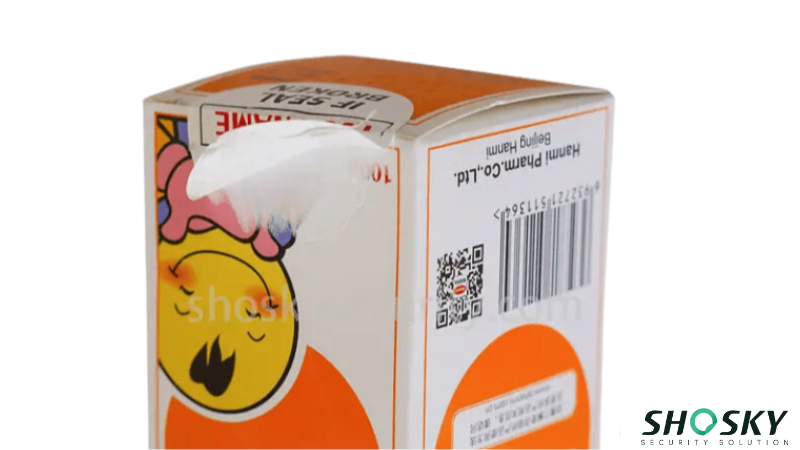 Tamper-evident seal used to protect pharmaceutical box from unauthorized access