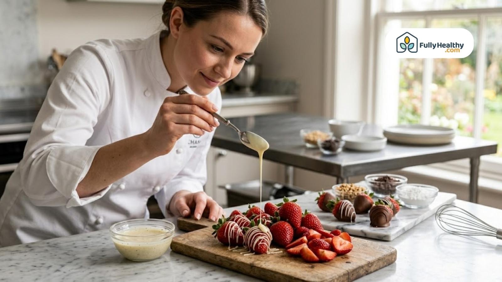 Chef drizzling white chocolate over fresh strawberries in bright kitchen