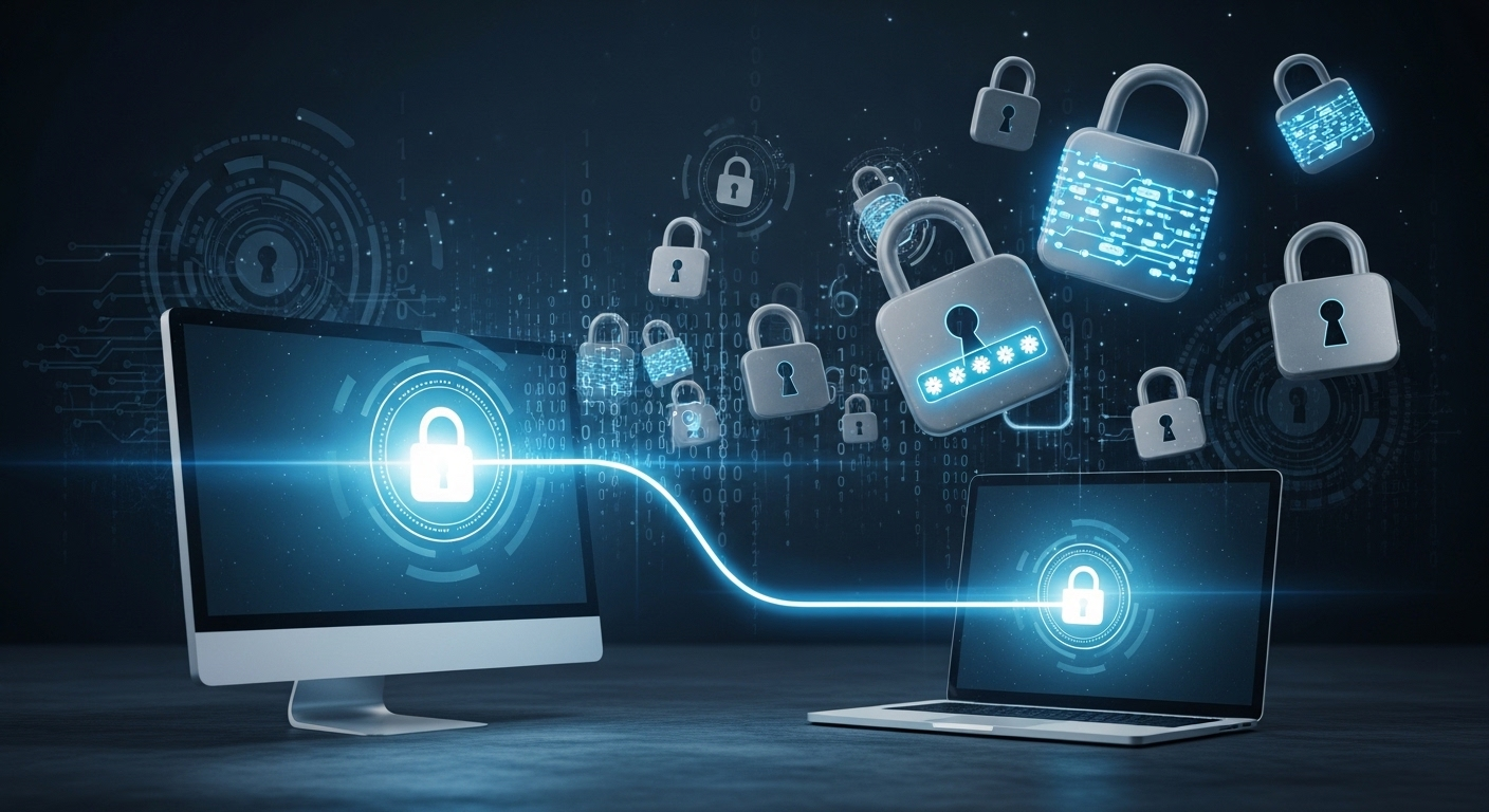 Concept art of strong password protection with lock icons and encrypted connection between two computers.