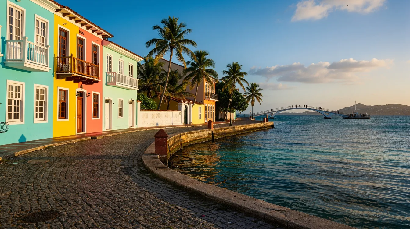 A imagem mostra fachadas coloridas de casas coloniais à beira de uma baía caribenha, com a ponte flutuante Queen Emma ao fundo, refletindo a diversidade cultural e a beleza de Curaçao, um destino popular nas Antilhas Holandesas. As águas azul turquesa da baía complementam o cenário paradisíaco, ideal para férias inesquecíveis.