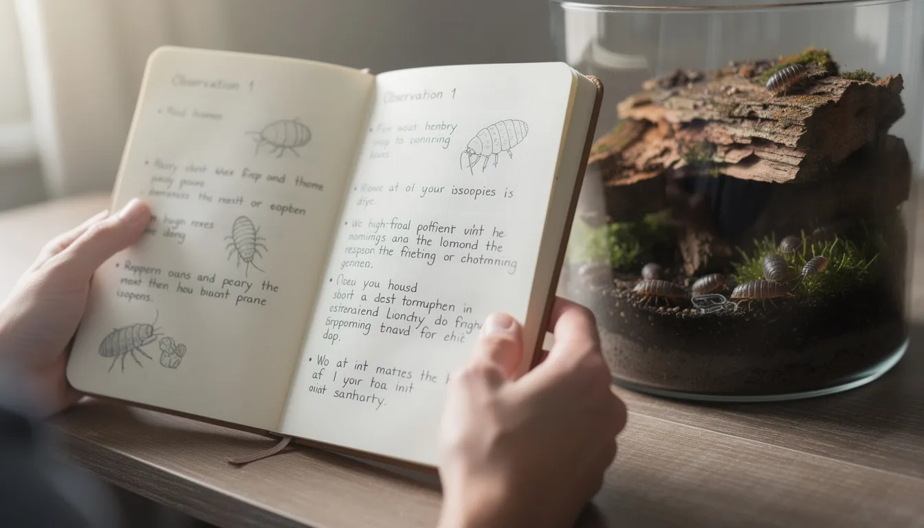 A hand is holding an open notebook filled with handwritten observations, positioned next to a small terrarium housing isopods, which are popular pet invertebrates. The scene captures the essence of caring for livestock, showcasing the attention to detail that comes with observing these unique species.