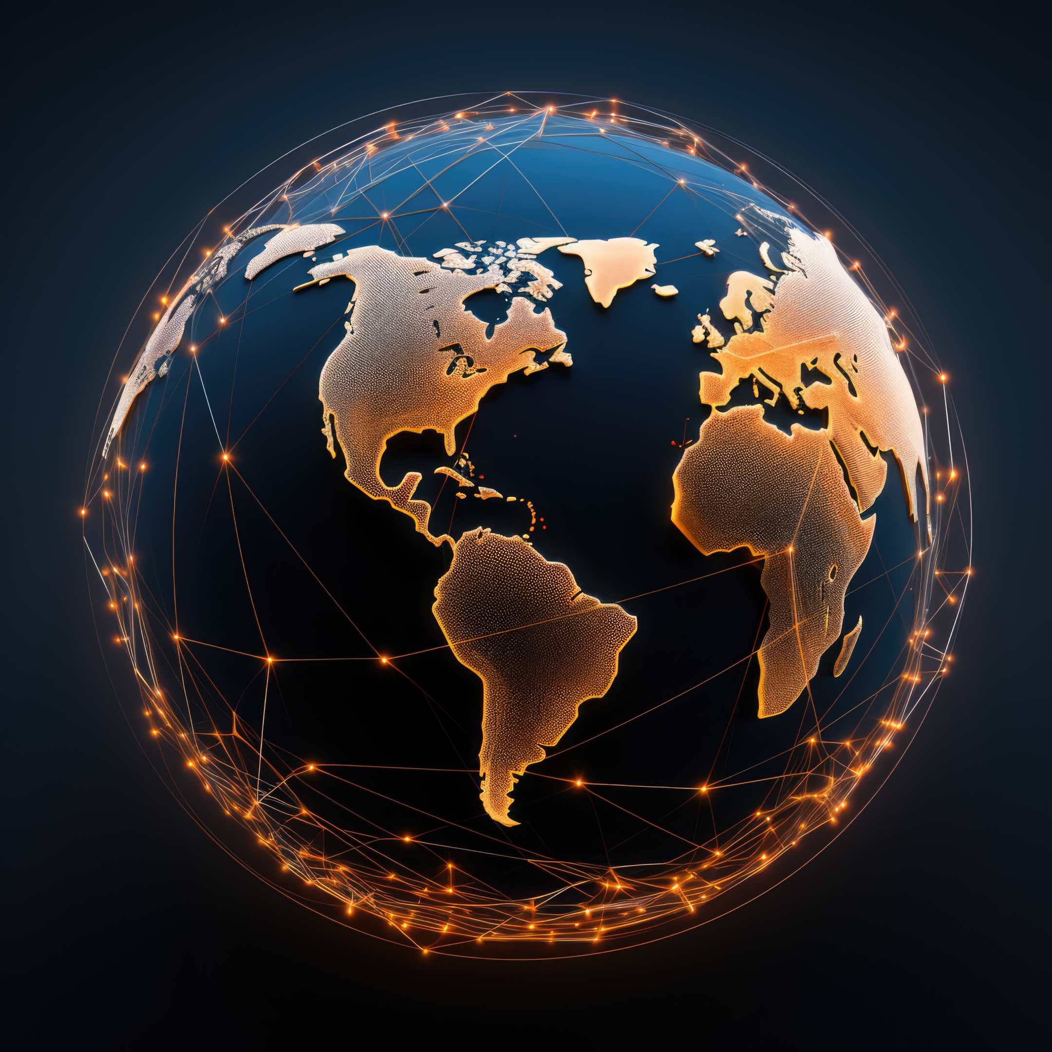 A black world map with thin, golden lines radiating from major financial centers. These lines symbolize the global expansion and interconnectedness of blockchain platforms.