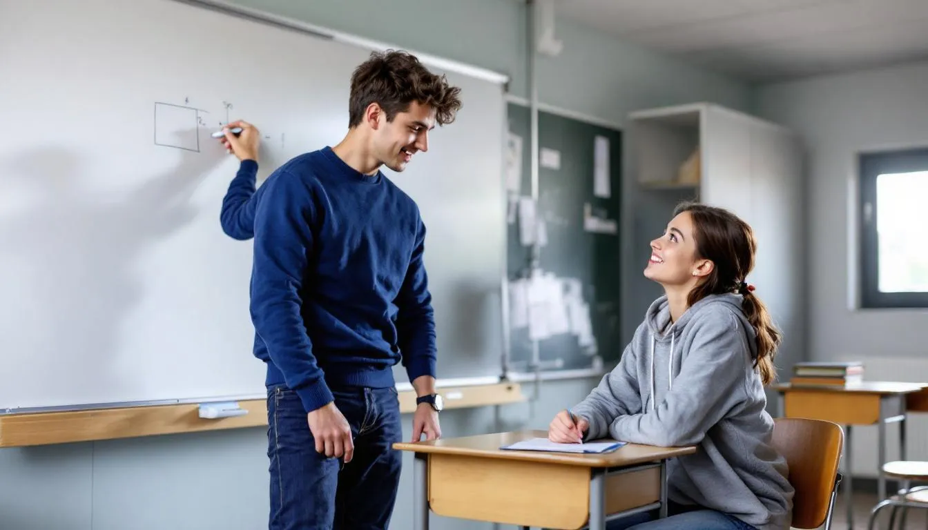 Ein Schüler gibt einem anderen Schüler Nachhilfe in Mathematik. Die beiden sitzen an einem Tisch, umgeben von Lehrmaterialien und Notizen, während sie gemeinsam an Aufgaben arbeiten und Tipps austauschen.