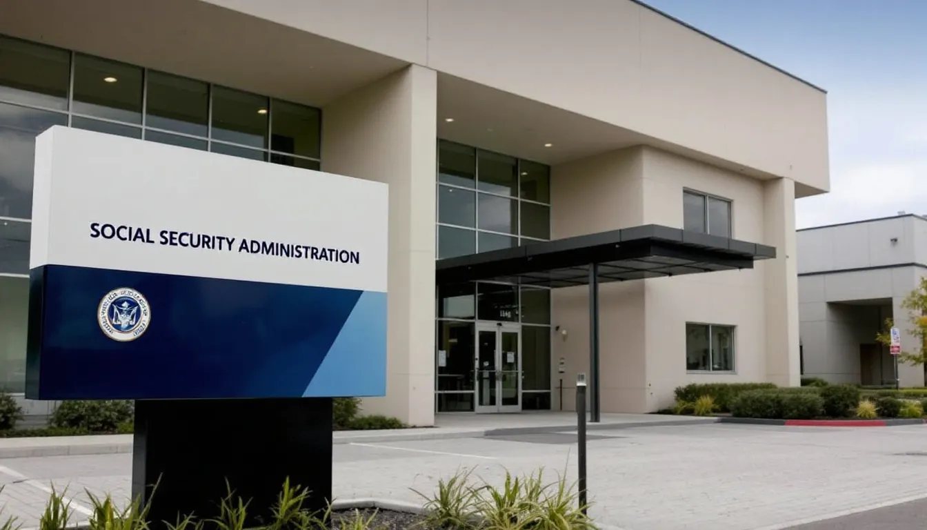 The image depicts a Social Security Administration office building featuring clear signage that guides visitors regarding retirement plans and benefits. The building's accessibility and informative signs emphasize the importance of support for individuals navigating retirement age and related services.