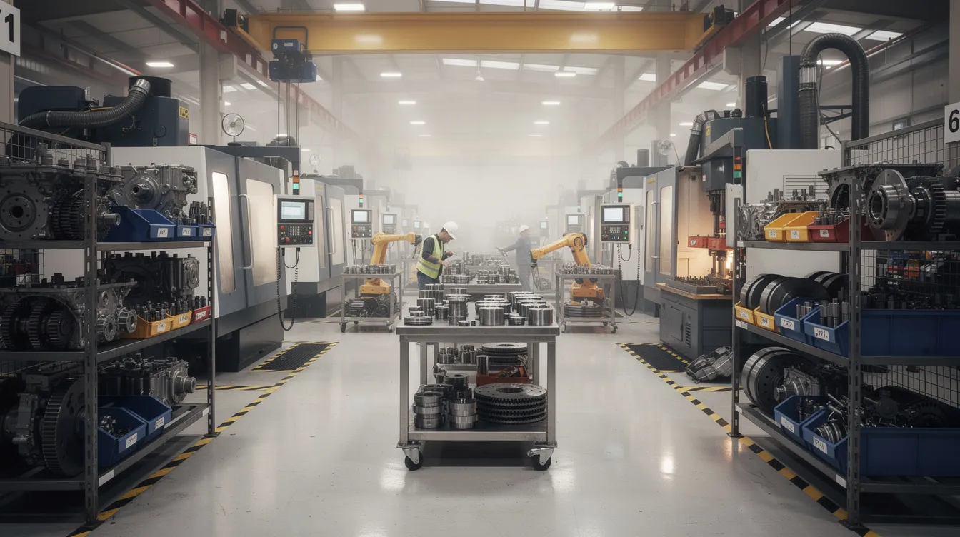 The image depicts an automotive parts manufacturing workshop filled with various machinery and components. The setting showcases a busy environment where operational risks are managed through efficient processes, highlighting the importance of customer relationships and revenue distribution in the industry.