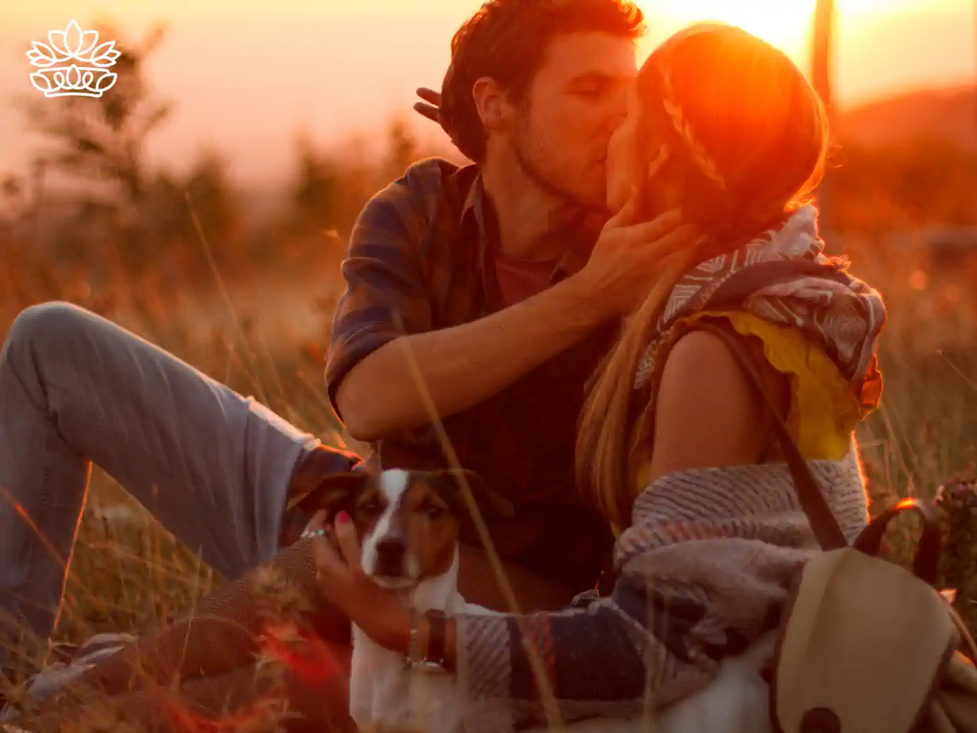Couple kissing at sunset in a field with a dog, representing the Romance Collection. Fabulous Flowers and Gifts.