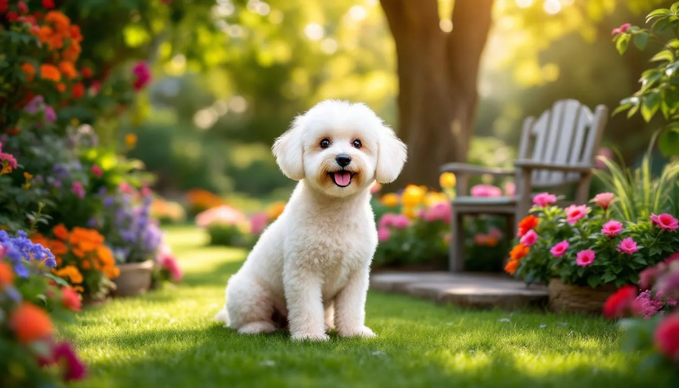 A fluffy Bichon Frise with a luxurious white curly coat is sitting gracefully in a vibrant garden, showcasing its hypoallergenic qualities. This small dog is known for minimal shedding, making it a perfect companion for allergy sufferers.