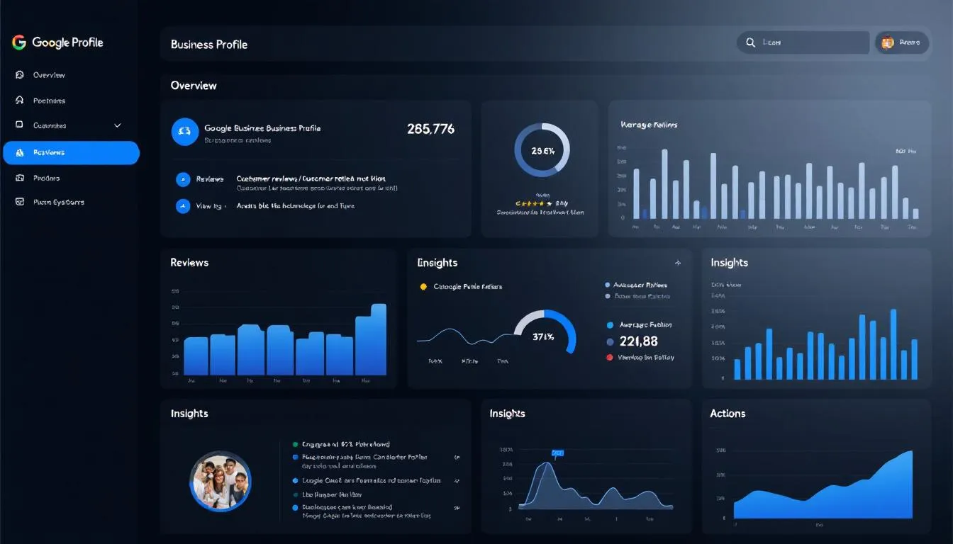 The image displays an analytics dashboard showcasing key performance metrics for a Google Business Profile, highlighting data on customer engagement, relevant searches, and the effectiveness of Google Ads in attracting more customers. It emphasizes the importance of managing business profiles to enhance visibility in local search results and improve customer feedback through reviews.