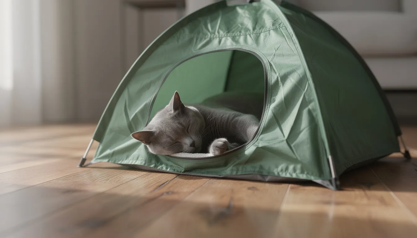 Een grijze kat ligt ontspannen te slapen in een groene nylon kattentent, die eruitziet als een tipi tent, op een houten vloer. Het kattententje biedt een heerlijk plekje voor de kat om te relaxen en te genieten van de rust.