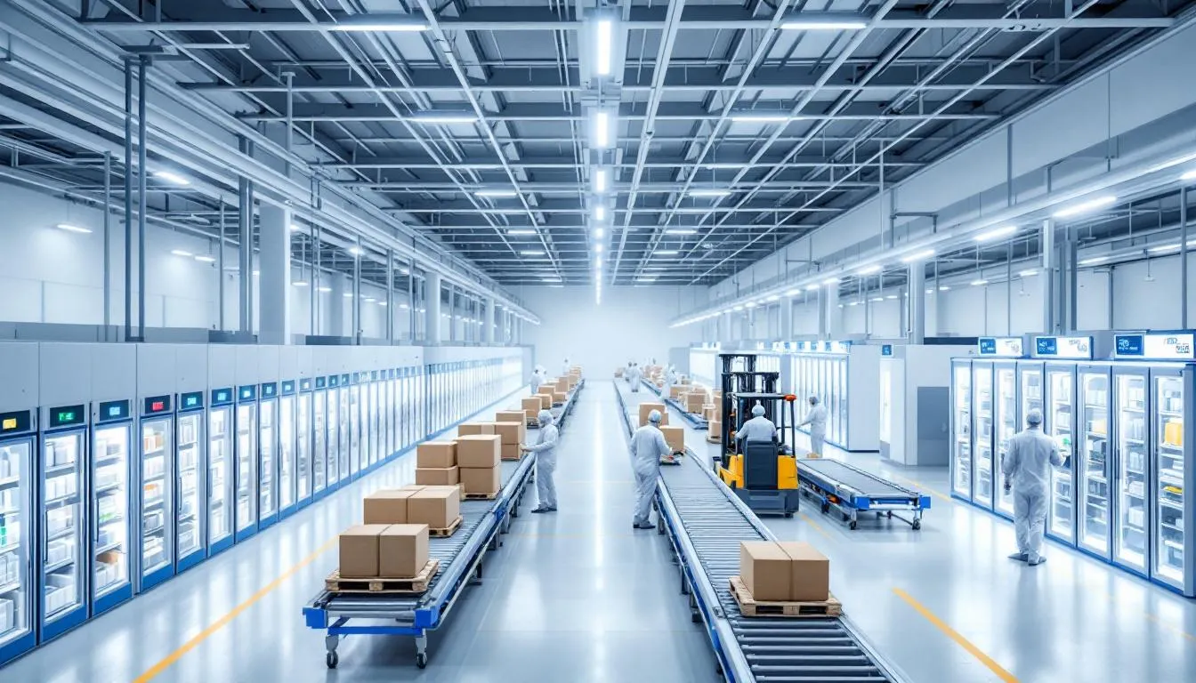 The image depicts a pharmaceutical warehouse equipped with advanced temperature-controlled storage systems, showcasing the logistics operations essential for maintaining stringent quality standards in the pharmaceutical industry. This facility reflects the capabilities of Indian pharmaceutical companies to meet global demand for high-quality medicines and active pharmaceutical ingredients.